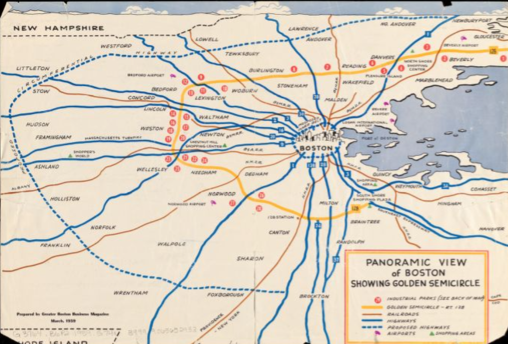 Например, карта развития пригородов Бостона, которая показывала, что новая дорога - это экономическое чудо