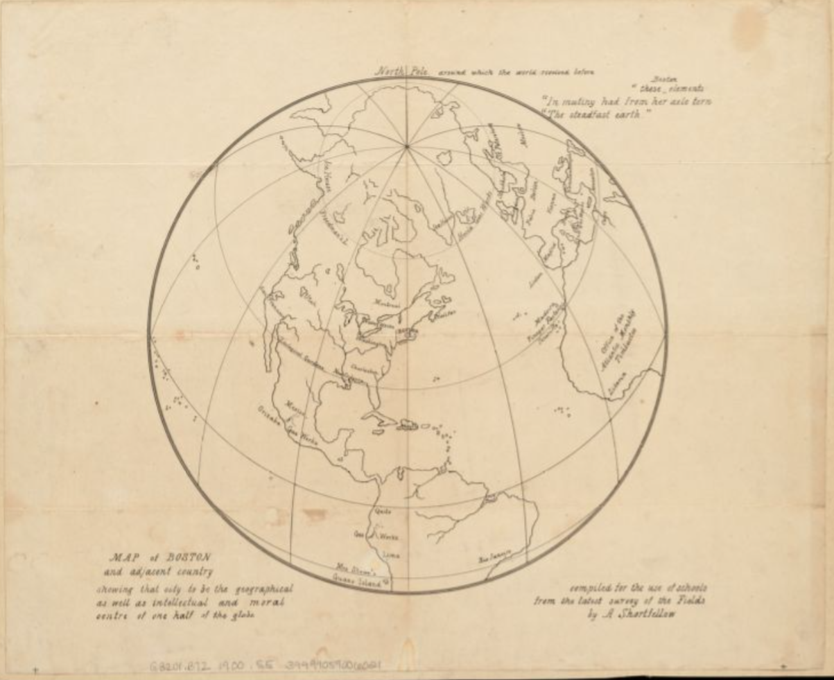 Карта Бостона и прилегающей территории, показывающая, что этот город является географическим, а также интеллектуальным и моральным центром одной половины земного шара