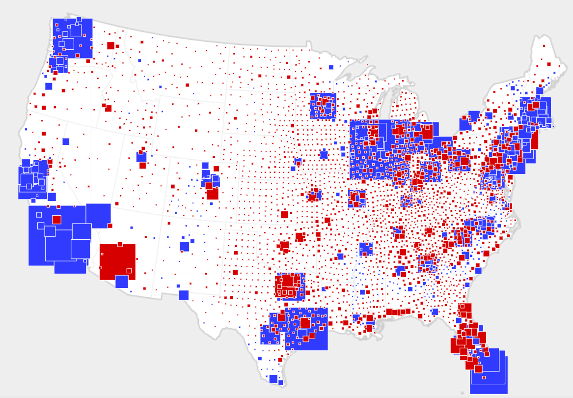 Результаты выборов в США, 2016. Цветом показана выигравшая партия, размер - количество голосов