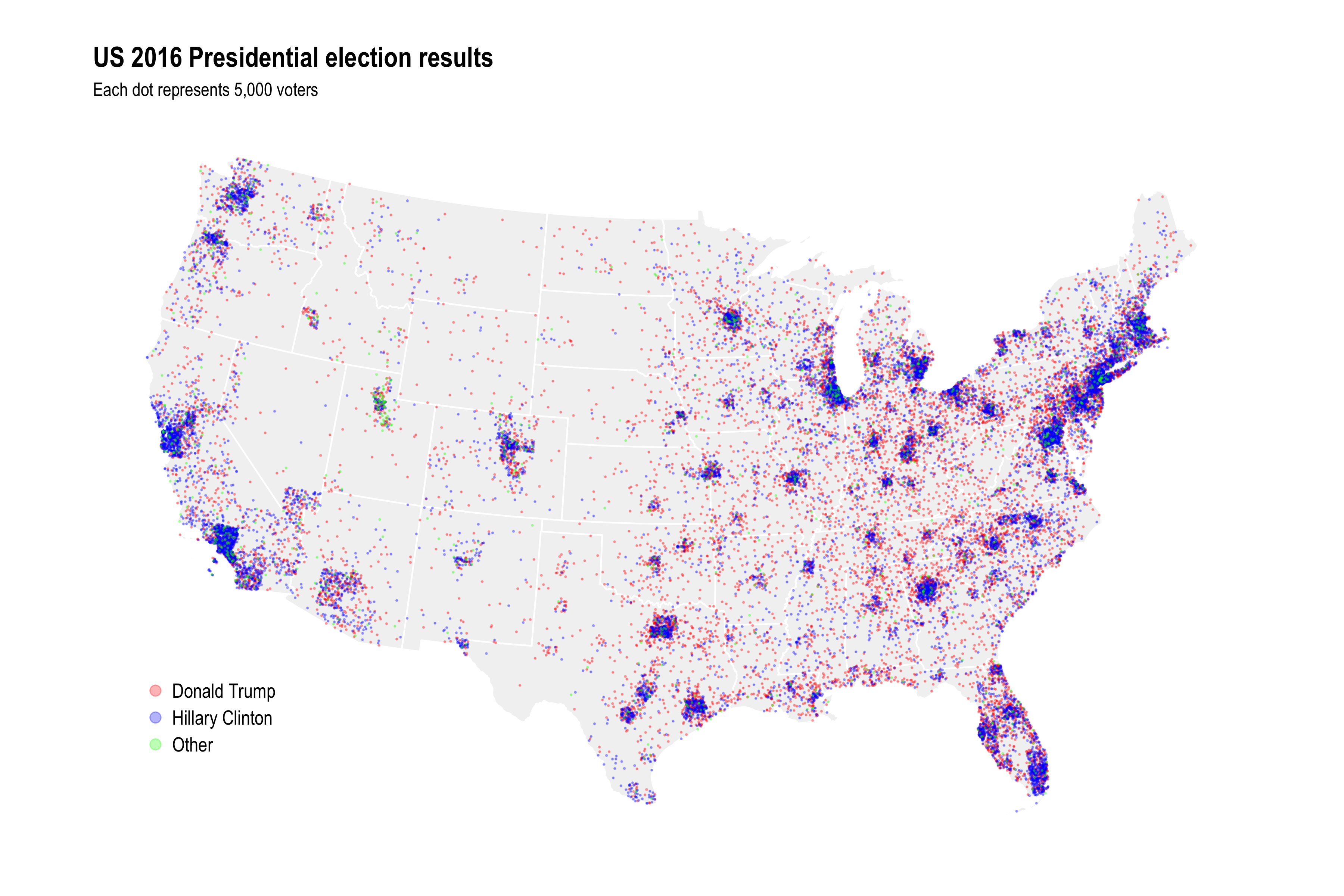 Результаты выборов в США, 2016 (1 точка - 5 тысяч голосов)